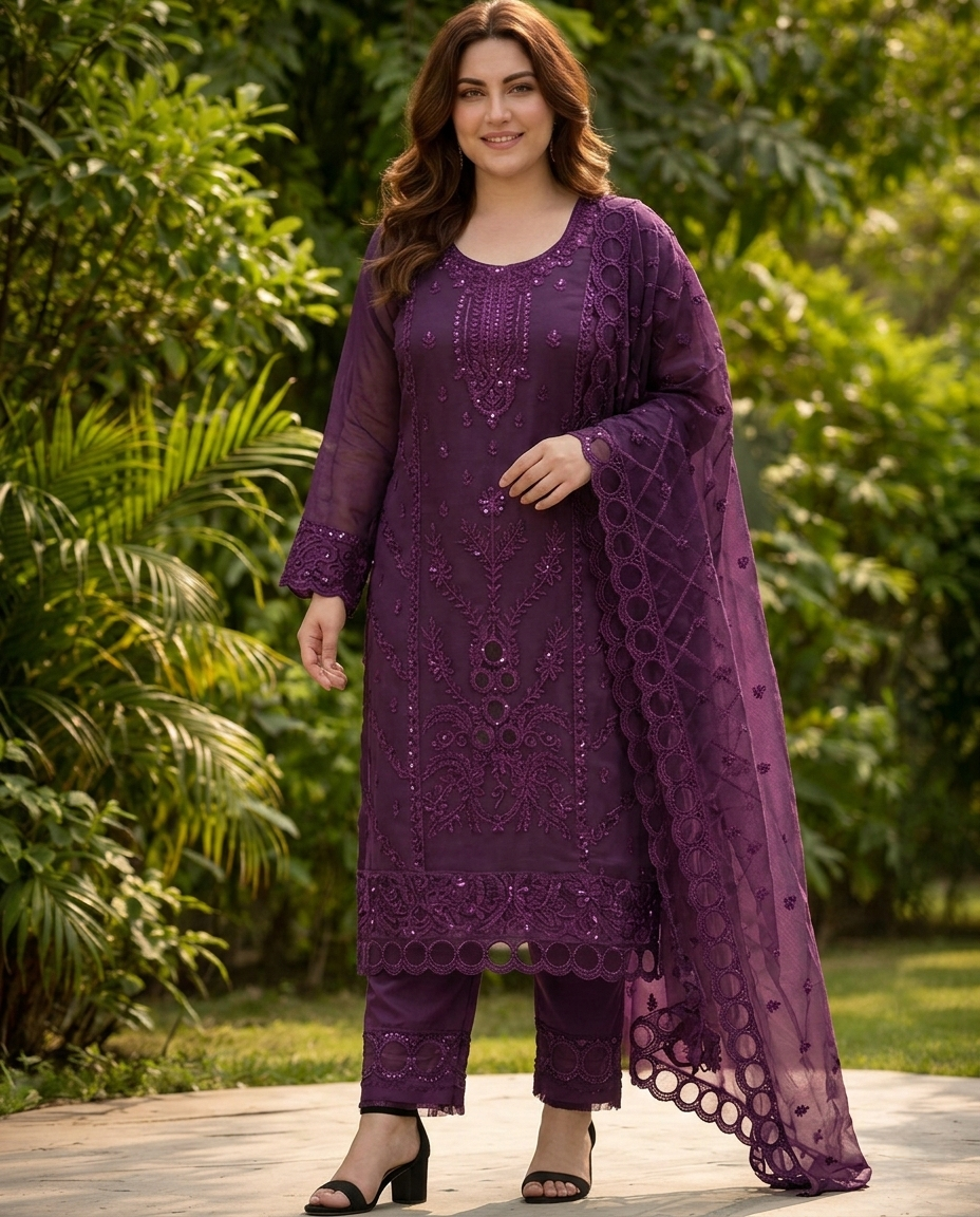 Exclusive Embroidered Georgette Salwar Kameez 4 Piece Deep Wine